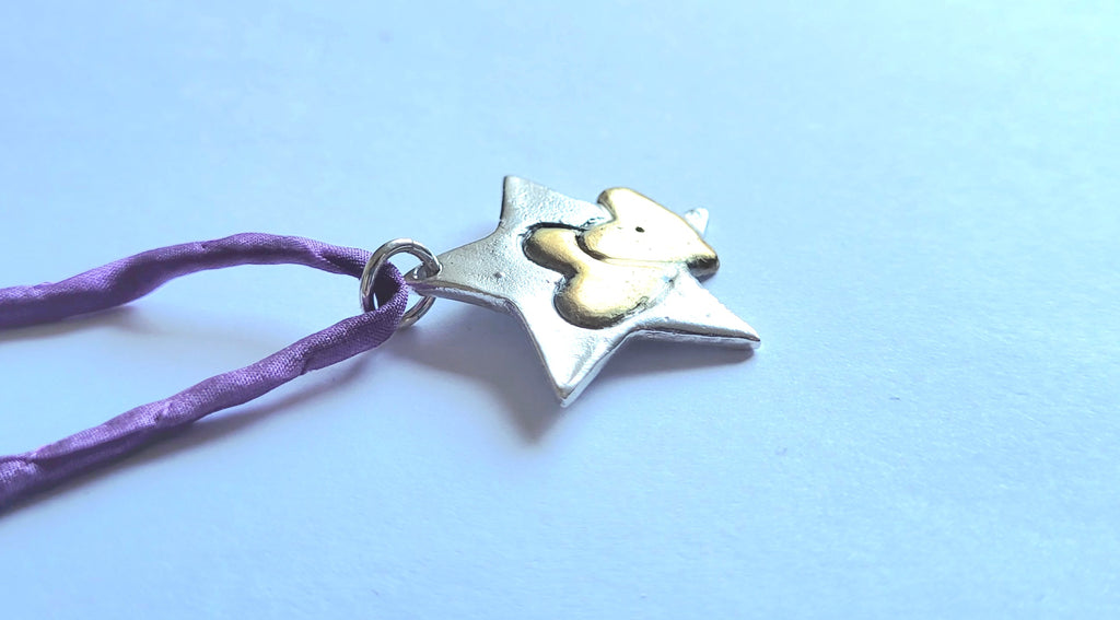 Feinsilber-Kettenanhänger Stern | 2 Herzen vergoldet | Unikat