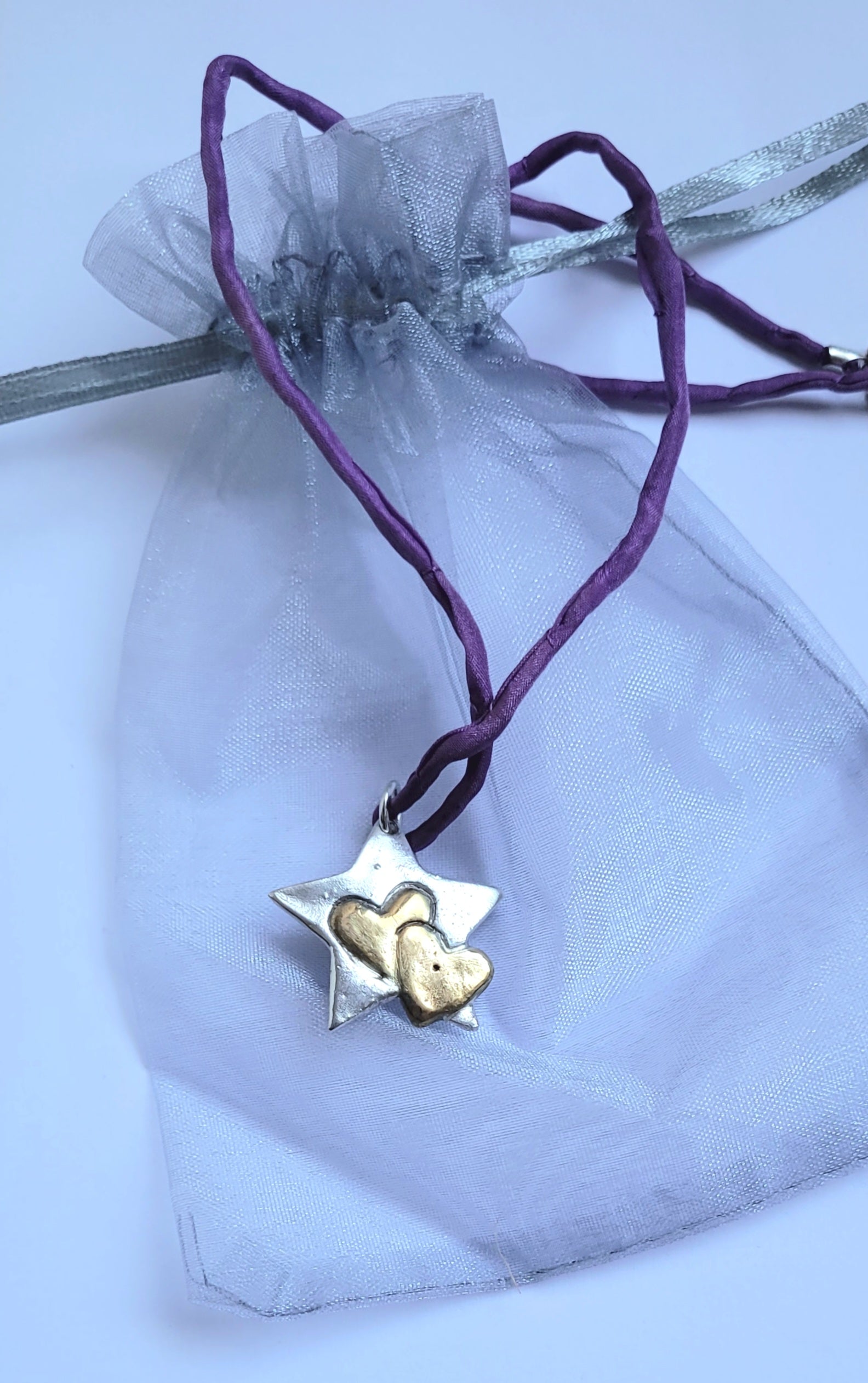 Feinsilber-Kettenanhänger Stern | 2 Herzen vergoldet | Unikat