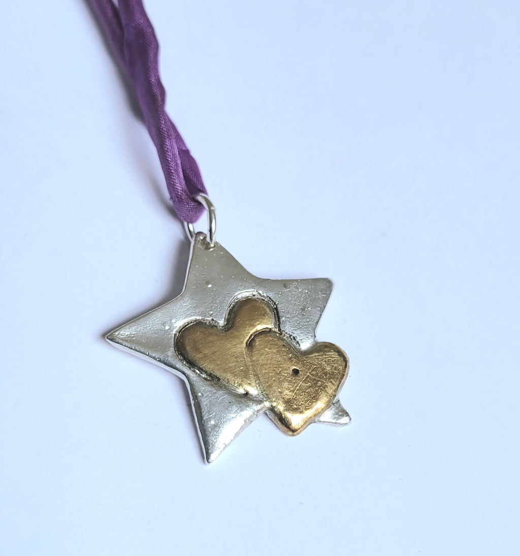 Feinsilber-Kettenanhänger Stern | 2 Herzen vergoldet | Unikat