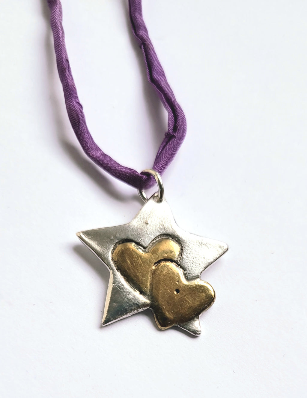 Feinsilber-Kettenanhänger Stern | 2 Herzen vergoldet | Unikat