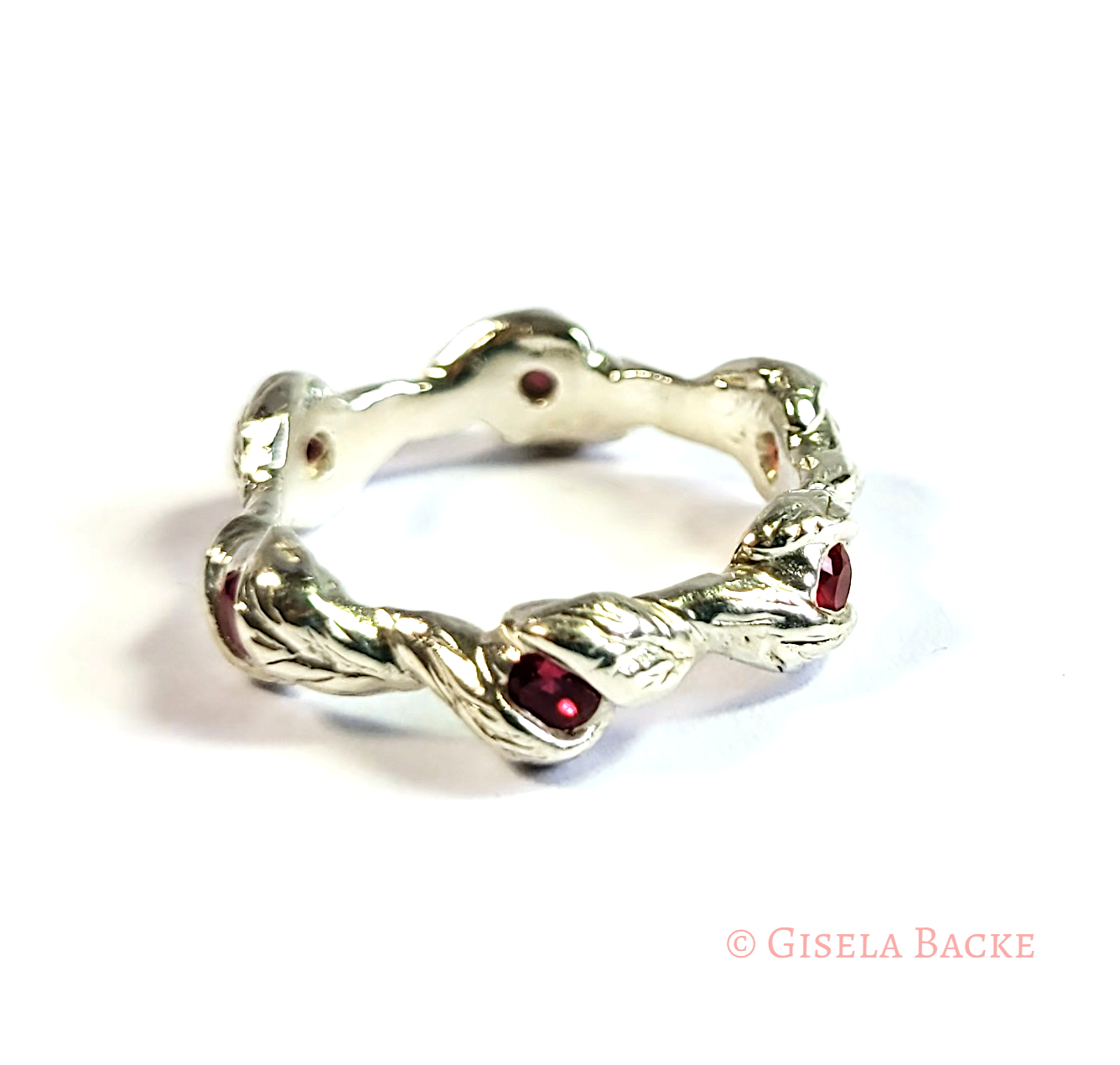 Silberring mit Rosenblättern | 6 rote Zirkonia | Größe 16,5 Unikat