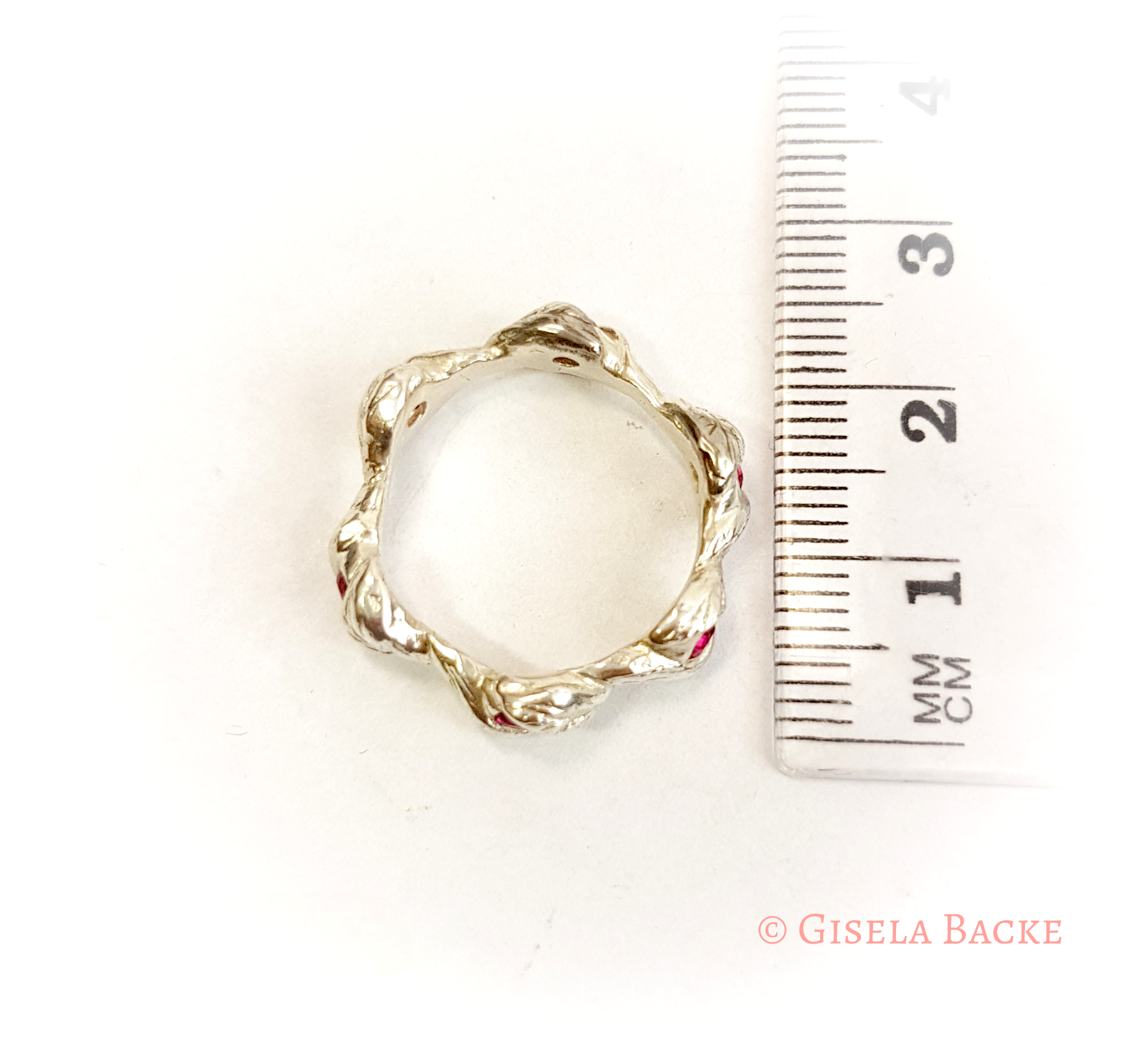 Silberring mit Rosenblättern | 6 rote Zirkonia | Größe 16,5 Unikat