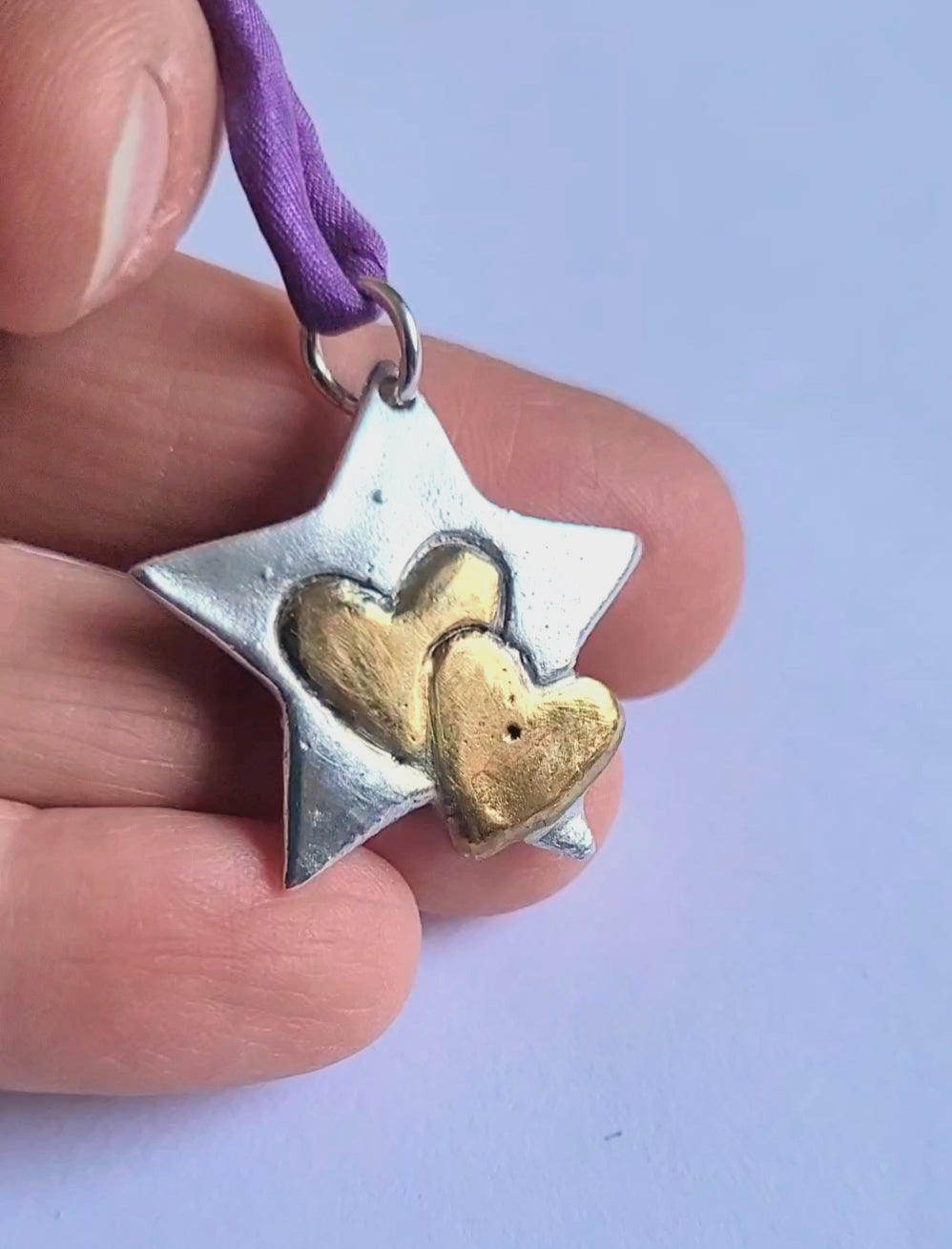 Feinsilber-Kettenanhänger Stern | 2 Herzen vergoldet | Unikat